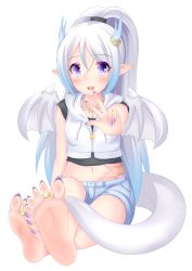Rule 34 | 1girl, barefoot, blush, colored eyelashes, feet, fingernail polish, highres, jewelry, long hair, nail polish, navel, no shoes, pointy ears, ponytail, colored eyelashes, purple nails, purple toenails, simple background, soles, solo, tail, toe ring, toenail polish, toenails, toes, white background, white hair, white wings, wings