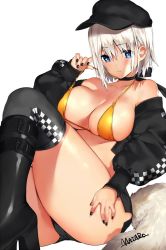 Rule 34 | 1girl, bikini, bikini top only, black footwear, black legwear, blue eyes, boots, breasts, choker, cleavage, commentary request, fingernails, hat, jacket, large breasts, long sleeves, looking at viewer, mataro (matarou), midriff, nail polish, off shoulder, open clothes, open jacket, original, parted lips, platform boots, platform footwear, shiny clothes, shiny skin, short hair, short shorts, shorts, signature, simple background, sitting, solo, swimsuit, white background, white hair, yellow bikini