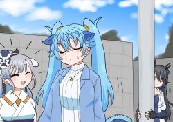 Rule 34 | 3girls, animal ears, black dragon (kemono friends), black hair, blue eyes, blue hair, blush, bow, breasts, casual, coat, couple, dating, dragon girl, dragon horns, dragon tail, fingerless gloves, fins, fish girl, gloves, grey hair, highres, horns, jinmen-gyo (kemono friends), kemono friends, kemono friends 3, lab coat, large breasts, long hair, looking at another, mask, mask on head, multiple girls, open clothes, open coat, open mouth, peeking, seiryuu (kemono friends), shinkaisoku, shirt, tail, twintails, white coat, yuri
