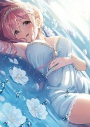 Rule 34 | 1girl, armpits, blue flower, blush, breasts, cleavage, dress, flower, flower on water, hair between eyes, hair flower, hair ornament, hairband, highres, idolmaster, idolmaster cinderella girls, jewelry, large breasts, long hair, looking at viewer, lying, lying on water, magako, nail polish, on back, open mouth, pink hair, saionji kotoka, smile, solo, starfish hair ornament, water, white dress, yellow eyes