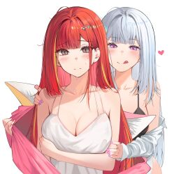 2girls :q akane_lize ayatsuno_yuni bare_arms bare_shoulders black_bra bra breasts cleavage closed_mouth collarbone dress grey_eyes grey_hair hair_ornament hairclip hand_on_another&#039;s_shoulder heart heart-shaped_pupils highres jacket large_breasts long_hair looking_at_viewer mole mole_under_eye multi-strapped_dress multicolored_hair multiple_girls off_shoulder pink_jacket red_hair shirt sidelocks sleeveless sleeveless_dress smile spaghetti_strap stellive streaked_hair sundress sweat symbol-shaped_pupils talnory tongue tongue_out underwear upper_body virtual_youtuber white_dress white_shirt yuri