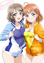 Rule 34 | 2girls, absurdres, ahoge, azuresakura, blue eyes, blue one-piece swimsuit, bow, braid, breasts, casual one-piece swimsuit, commission, competition swimsuit, covered navel, curvy, grey hair, highres, jacket, love live!, love live! sunshine!!, medium breasts, multicolored clothes, multicolored jacket, multiple girls, one-piece swimsuit, open mouth, orange hair, orange jacket, pixiv commission, red eyes, short hair, side braid, simple background, smile, swimsuit, takami chika, teeth, track jacket, upper teeth only, watanabe you, white background, yellow bow, yellow swimsuit
