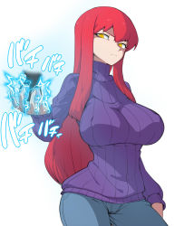 Rule 34 | 1girl, bad id, bad pixiv id, ball busting, bdsm, biriri (spacezin), breasts, cbt, contrapposto, creatures (company), crotch kick, denim, electricity, femdom, game freak, gen 1 pokemon, highres, impossible clothes, impossible sweater, japanese text, jeans, jitome, large breasts, long hair, nintendo, outstretched hand, pants, personification, pokemon, red hair, ribbed sweater, sidelocks, slit pupils, solo, spacezin, standing, sweater, testicles, torture, turtleneck, voltorb, yellow eyes