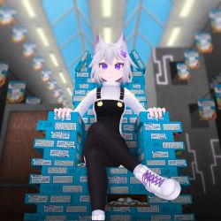 Rule 34 | 1girl, animal ear fluff, animal ears, bildschirm14, blue nails, blush, closed mouth, crossed legs, filian (vtuber), foot out of frame, hair ornament, highres, indie virtual youtuber, minecraft, nail polish, overall skirt, purple eyes, purple hair, short hair, sitting, snack, thighhighs, virtual youtuber, welch&#039;s, x hair ornament