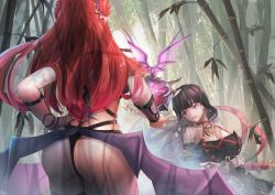 Rule 34 | 2girls, armor, ass, bamboo, bamboo forest, bare shoulders, black hair, breasts, cleavage, double bun, dreamkite, erze (king&#039;s raid), fighting stance, forest, from behind, highres, king&#039;s raid, large breasts, long hair, multiple girls, nature, orb, purple eyes, ready to draw, red hair, seria (king&#039;s raid), sheath, sheathed, siblings, sisters, sword, tears, thong, vampire, very long hair, weapon, wings