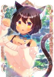 Rule 34 | 1girl, :o, animal ears, bare shoulders, bell, blue bow, blue collar, blurry, blurry background, blush, bow, breasts, brown eyes, brown hair, cat ears, cat girl, cat tail, collar, depth of field, fang, hair between eyes, hands up, jewelry, kou hiyoyo, long sleeves, looking at viewer, medium breasts, neck bell, off-shoulder sweater, off shoulder, open mouth, original, paw pose, puffy long sleeves, puffy sleeves, shirt, solo, sweater, tail, tail raised, upper body, white shirt