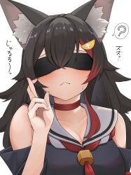 Rule 34 | 1girl, ?, absurdres, animal ear fluff, animal ears, black blindfold, black hair, blindfold, blush, breasts, choker, cleavage, collarbone, crossed bangs, crossed fingers, detached sleeves, hair ornament, hand up, highres, hololive, kouhaku nawa, long hair, micon, multicolored hair, neckerchief, ookami mio, ookami mio (1st costume), red choker, red hair, rope, sailor collar, school uniform, serafuku, shimenawa, shirt, simple background, sleeveless, sleeveless shirt, solo, spoken question mark, streaked hair, sweat, translation request, virtual youtuber, white background, wolf ears