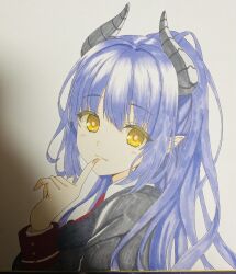 Rule 34 | 1girl, :3, black jacket, blue hair, close-up, closed mouth, colored eyelashes, commentary request, demon girl, demon horns, eyelashes, eyes visible through hair, finger to mouth, fingernails, from side, grey background, hair between eyes, highres, hirocchi, horns, index finger raised, jacket, kohibari kurumi, light blush, long hair, long sleeves, looking at viewer, photo (medium), pointy ears, shikishi, simple background, sley (tenshi souzou re-boot!), smile, solo, split mouth, tenshi souzou re-boot!, traditional media, yellow eyes