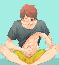 Rule 34 | 1boy, abs, arurun1231, blush, erection, highres, male focus, masturbation, muscular, penis, solo, tagme, wince, wink