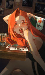 Rule 34 | 1girl, bare shoulders, black shirt, blush, breasts, commentary, crossed legs, earrings, forehead, from side, glass, highres, holding, holding magazine, indoors, j juan, jewelry, light, long hair, looking at viewer, magazine (object), nail polish, open mouth, orange eyes, orange hair, original, red lips, red nails, shaded face, shirt, sitting, sleeveless, sleeveless shirt, solo, tongue