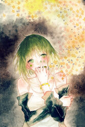 Rule 34 | 1girl, bare shoulders, blush, bracelet, collarbone, detached sleeves, green eyes, green hair, green nails, gumi, jewelry, nail polish, open mouth, painting (medium), rei (456789io), short hair, smile, solo, star (symbol), traditional media, upper body, vocaloid, watercolor (medium)