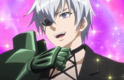 Rule 34 | 1girl, akame ga kill!, business suit, eyepatch, female focus, formal, single mechanical arm, najenda, open mouth, prosthesis, purple eyes, silver hair, smile, sparks, suit, teeth, tomboy