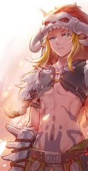 Rule 34 | 1boy, abs, armor, barbarian set (zelda), blonde hair, blue eyes, dated, earrings, highres, jewelry, link, long hair, looking at viewer, male focus, navel, nintendo, official alternate costume, pointy ears, skull, solo, stomach, the legend of zelda, the legend of zelda: breath of the wild, watermark, web address
