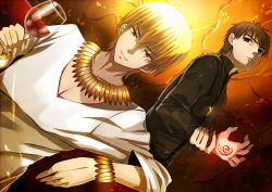 Rule 34 | 2boys, alcohol, blonde hair, bracelet, brown eyes, brown hair, carpe-diem--allegory, command spell, couch, cross, cross necklace, cup, drinking glass, dutch angle, fate/zero, fate (series), gilgamesh (fate), jewelry, kotomine kirei, male focus, multiple boys, necklace, official alternate costume, red eyes, wine, wine glass
