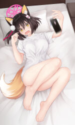 Rule 34 | 1girl, absurdres, animal ears, barefoot, bed, bedroom, blue archive, bottomless, brown hair, cellphone, commentary request, dropping, fox ears, fox girl, fox tail, full body, hair ornament, highres, indoors, izuna (blue archive), karurega, no panties, on bed, open mouth, phone, pom pom (clothes), pom pom hair ornament, shirt, short hair, short sleeves, smartphone, solo, sweatdrop, t-shirt, tail, teardrop, white shirt, yellow eyes