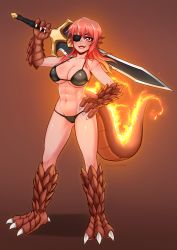 Rule 34 | 1girl, :d, abs, animal feet, animal hands, bare shoulders, bikini, black bikini, breasts, brown background, claws, collarbone, commentary, commission, english commentary, eyepatch, fangs, fiery tail, fins, fire, frenchthenhen, full body, gradient hair, hand on own hip, head fins, highres, huge weapon, large breasts, legs apart, lizard tail, looking at viewer, monster girl, monster girl encyclopedia, multicolored hair, navel, open mouth, orange hair, over shoulder, red eyes, red hair, reptile girl, salamander (monster girl encyclopedia), scales, scar, simple background, smile, solo, standing, stomach, swimsuit, sword, sword over shoulder, tail, toned, weapon, weapon over shoulder