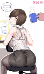 Rule 34 | 1girl, air conditioner, ass, bare shoulders, black bra, black pantyhose, black skirt, borrowed character, bra, bra visible through clothes, breasts, brown eyes, brown hair, chair, collared shirt, commentary, cup, from behind, hews, highres, holding, holding cup, indoors, keyboard, keyboard (computer), large breasts, looking at viewer, looking back, male hand, monitor, mug, office chair, office lady, olive laurentia, on chair, original, outline, pantyhose, pantylines, parted lips, pencil skirt, pixie cut, see-through, shirt, short hair, sitting, sitting backwards, skirt, sleeveless, sleeveless shirt, snort, solo focus, speech bubble, spoken object, sweat, swept bangs, swivel chair, timestamp, underwear, white shirt