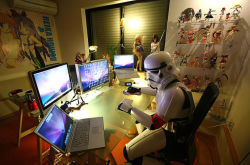 Rule 34 | computer, figurines, glass table, keyboard (computer), laptop, monitor, star wars, stormtrooper, table, tagme