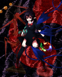 Rule 34 | 1girl, ahoge, asymmetrical wings, black dress, black gloves, black hair, black thighhighs, boots, bow, dress, energy ball, fang, female focus, garter straps, gloves, highres, houjuu nue, open mouth, pointy ears, polearm, red eyes, red footwear, short hair, single glove, smile, snake, solo, tenkomori (bug kura), thighhighs, touhou, trident, weapon, wings