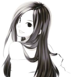 Rule 34 | 1girl, greyscale, hair over shoulder, lips, long hair, looking at viewer, looking back, md5 mismatch, monochrome, off-shoulder shirt, off shoulder, original, parted lips, poaro, resized, shirt, simple background, smile, solo, white background