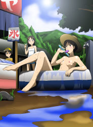 Rule 34 | 1boy, 2girls, absurdres, barefoot, breasts, character request, food, hat, highres, ice cream, multiple girls, nipples, source request, takaya n
