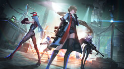 4girls absurdres anti-materiel_rifle armor assault_rifle backpack bag blue_hair bodysuit bolt_action breasts bullpup city cloak coat colphne_(girls&#039;_frontline_2) fire girls&#039;_frontline girls&#039;_frontline_2:_exilium grey_hair groza_(girls&#039;_frontline_2) gun handgun hat high_heels highres krolik_(girls&#039;_frontline_2) long_hair multiple_girls nemesis_(girls&#039;_frontline_2) ots-14_(girls&#039;_frontline) ots-14_groza ponytail rifle shield short_shorts shorts side_ponytail sig_san_511 sig_sauer skin_tight skindentation small_breasts sniper_rifle sword taurus_curve thigh_strap very_long_hair weapon yakupan yellow_eyes