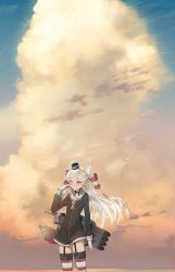 Rule 34 | 10s, 1girl, amatsukaze (kancolle), blue sky, blush, brown eyes, cloud, flat chest, garter straps, gloves, gradient background, hair tubes, hayashi kewi, highres, kantai collection, long hair, long sleeves, looking at viewer, machinery, neckerchief, one eye closed, school uniform, serafuku, single glove, sitting, sky, solo, striped clothes, striped thighhighs, sunset, surprised, thighhighs, very long hair, white gloves, wind, zettai ryouiki