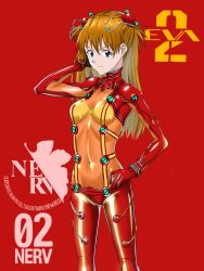 Rule 34 | 1girl, artist request, blue eyes, bodysuit, breasts, evangelion: 2.0 you can (not) advance, hair ornament, hairpods, highres, interface headset, long hair, looking at viewer, medium breasts, neon genesis evangelion, nerv, orange hair, plugsuit, rebuild of evangelion, red bodysuit, shiny clothes, simple background, skin tight, solo, souryuu asuka langley, standing, test plugsuit