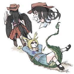 Rule 34 | 2girls, antlers, arms behind head, black hair, blonde hair, blue shirt, bobby socks, boots, bound, bound torso, brown footwear, bubble tea challenge, commentary request, cowboy hat, dragon horns, dragon tail, dress, green skirt, hat, highres, horns, horse tail, kicchou yachie, kurokoma saki, long hair, long sleeves, mary janes, multicolored clothes, multiple girls, open mouth, pegasus wings, peroponesosu., plaid, plaid skirt, pleated dress, puffy short sleeves, puffy sleeves, red eyes, rope, running, scarf, shirt, shoes, short hair, short sleeves, skirt, socks, sunglasses, sweat, tail, touhou, turtle shell, white background