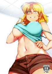 Rule 34 | 1girl, alternate breast size, bare arms, bare shoulders, blonde hair, blue eyes, blue shirt, blurry, blurry background, breasts, brown shorts, cargo shorts, clothes lift, covered erect nipples, cowboy shot, day, earrings, eyeshadow, facing viewer, female focus, from below, grin, highres, indoors, jcm2, jewelry, lifted by self, light blush, linea alba, looking at viewer, lori loud, makeup, medium breasts, medium hair, navel, no bra, presenting, ringed eyes, shirt, shirt lift, short shorts, shorts, smile, solo, standing, strap slip, tank top, the loud house, toon (style), underboob