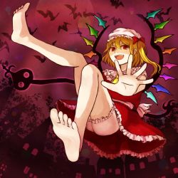 Rule 34 | 1girl, barefoot, blonde hair, bow, fangs, feet, flandre scarlet, foot focus, hair bow, highres, looking at viewer, open mouth, pov, red eyes, side ponytail, soles, toes, touhou, wings