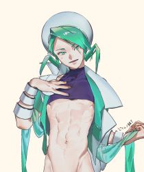 Rule 34 | 1boy, abs, bangle, bracelet, commentary request, creatures (company), crop top, cropped shirt, game freak, green eyes, green hair, gyakumushi, hand up, hat, highres, holding, jewelry, male focus, midriff, navel, nintendo, open mouth, pokemon, pokemon oras, purple shirt, shirt, short hair, sideburns, skin tight, smile, solo, toned, toned male, upper body, wallace (pokemon), white hat