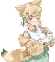 Rule 34 | 1girl, ;), animal ears, blonde hair, blush, breasts, brown hat, brown jacket, closed mouth, commentary request, cup, fox girl, fox tail, green nails, green ribbon, green skirt, hair ribbon, hat, highres, holding, holding cup, hololive, jacket, kou mashiro, large breasts, long sleeves, looking at viewer, multicolored hair, nail polish, off shoulder, omaru polka, omaru polka (street casual), one eye closed, pink hair, puffy long sleeves, puffy sleeves, purple eyes, ribbon, shirt, short hair, simple background, skirt, smile, solo, streaked hair, tail, virtual youtuber, white background, white ribbon, white shirt