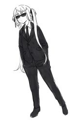 Rule 34 | 1girl, asagumo (kancolle), bad id, bad pixiv id, blowing bubbles, chewing gum, collared shirt, eyebrows hidden by hair, formal, full body, greyscale, hair ribbon, hands in pockets, jacket, kantai collection, long hair, monochrome, necktie, nuno (pppompon), pants, ribbon, shirt, shoes, sidelocks, simple background, solo, standing, suit, sunglasses, twintails, v-shaped eyebrows, very long hair, white background