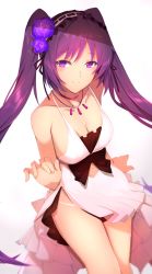 Rule 34 | 1girl, alternate breast size, armlet, bare shoulders, blurry, breasts, cleavage, clothing cutout, collar, collarbone, commentary request, cowboy shot, depth of field, dress, euryale (fate), euryale (third ascension) (fate), fate/grand order, fate/hollow ataraxia, fate (series), flower, frilled dress, frilled hairband, frills, hair flower, hair ornament, hairband, headdress, highres, kameponde, layered dress, light smile, lolita hairband, looking at viewer, medium breasts, navel, navel cutout, purple eyes, purple hair, side slit, solo, strapless, strapless dress, thighs, twintails, white dress