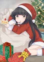 Rule 34 | 1girl, aoshima sakana, black hair, blunt bangs, blush, boots, box, cake, christmas, christmas tree, dress, food, food on face, fork, fur trim, gift, gift box, hat, hatsuyuki (kancolle), hime cut, holding, holding plate, indoors, kantai collection, knee boots, long hair, long sleeves, open mouth, plate, red dress, red footwear, sack, santa costume, santa hat, sidelocks, sitting, solo, sparkle