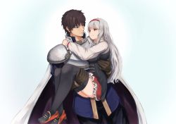 Rule 34 | 1boy, 1girl, anna (sennen sensou aigis), armor, black pants, black thighhighs, brown eyes, brown gloves, brown hair, cape, carrying, closed mouth, dargo, eye contact, gloves, grey hair, hairband, hand on another&#039;s back, high heels, highres, long hair, long sleeves, looking at another, pants, pink eyes, prince (sennen sensou aigis), princess carry, red skirt, sennen sensou aigis, shirt, shoes, short hair, skirt, smile, standing, thighhighs, white shirt