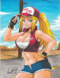 Rule 34 | 1girl, 2021, bare shoulders, blonde hair, blue eyes, breasts, cleavage, day, denim, denim shorts, fingerless gloves, genderswap, genderswap (mtf), gloves, hand on own hip, highres, large breasts, midriff, navel, open clothes, open shorts, outdoors, ponytail, ravernclouk design, road, shorts, snk, snk heroines: tag team frenzy, solo, terry bogard, the king of fighters, traditional media, unbuttoned pants, underwear
