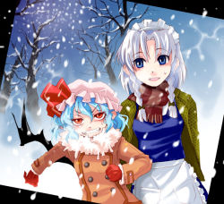 Rule 34 | 2girls, alternate costume, bat wings, contemporary, female focus, hirafumi, izayoi sakuya, multiple girls, nature, outdoors, perfect cherry blossom, plant, remilia scarlet, scarf, sky, snow, snowing, touhou, tree, wings