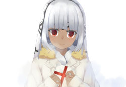 Rule 34 | 1girl, altera (fate), coat, dark-skinned female, dark skin, fate/grand order, fate (series), forehead protector, gift, highres, holding, holding gift, looking at viewer, nestea, red eyes, silver hair, smile, solo, upper body, veil, white coat