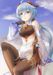 Rule 34 | 1girl, ahoge, bare shoulders, bell, black gloves, blue hair, blue sky, bodysuit, bodysuit under clothes, breasts, brown bodysuit, cloud, commentary request, curled horns, day, detached sleeves, feet out of frame, ganyu (genshin impact), genshin impact, glint, gloves, hair between eyes, hand up, horns, knee up, long hair, long sleeves, looking at viewer, medium breasts, miri (ago550421), outdoors, parted lips, purple eyes, sitting, sky, solo, very long hair, white sleeves, wide sleeves