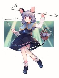 Rule 34 | 1girl, animal ears, basket, black footwear, blue capelet, blush, capelet, closed mouth, commentary request, dowsing rod, full body, grey hair, grey skirt, grey vest, hair between eyes, jewelry, long sleeves, looking at viewer, mouse (animal), mouse ears, mouse girl, mouse tail, nazrin, pendant, red eyes, shirt, shoes, short hair, skirt, skirt set, smile, socks, solo, tail, touhou, vest, white background, white shirt, white socks, xox xxxxxx