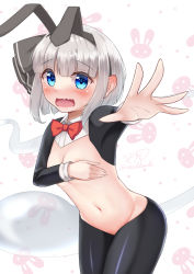 Rule 34 | 1girl, alternate costume, animal ears, black hairband, black pantyhose, blue eyes, blush, bob cut, bow, bowtie, commentary request, covering privates, covering breasts, ear blush, embarrassed, fake animal ears, hairband, hand on own chest, highres, hitodama, konpaku youmu, konpaku youmu (ghost), lips, long sleeves, meme attire, navel, open mouth, outstretched arm, pantyhose, rabbit background, rabbit ears, red bow, red bowtie, reverse bunnysuit, reverse outfit, rital, short hair, sidelocks, silver hair, solo, standing, stomach, thighs, tongue, touhou, wavy mouth, white background, wing collar