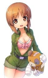 Rule 34 | 1girl, arm behind back, bandages, bandaid, belt, black belt, boko (girls und panzer), bow, bow bra, bra, breasts, brown eyes, brown hair, cleavage, commentary, frilled bra, frills, girls und panzer, green jumpsuit, holding, holding stuffed toy, jumpsuit, long sleeves, looking at viewer, magenta (atyana), medium breasts, navel, nishizumi miho, open jumpsuit, open mouth, pink bra, short hair, short jumpsuit, simple background, smile, solo, standing, stuffed animal, stuffed toy, teddy bear, underwear, white background