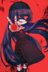 absolute_solver_(murder_drones) black_footwear black_hat blood blunt_bangs doll_(murder_drones) dress feet_out_of_frame fewer_digits hat highres hokky_oku humanoid_robot long_hair looking_at_viewer murder_drones open_mouth outstretched_arm purple_hair red_background red_dress red_eyes robot smile standing teeth very_long_hair