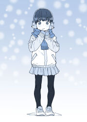 Rule 34 | 1girl, animal earmuffs, blue theme, blush, closed mouth, earmuffs, full body, gloves, hands up, jacket, long sleeves, looking at viewer, miniskirt, monochrome, original, own hands together, pantyhose, ponsuke (pon00000), scarf, shoes, skirt, smile, snowing, solo, standing, winter, winter clothes