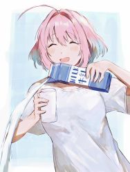 Rule 34 | 1girl, ahoge, blue hair, commentary request, cup, drinking glass, closed eyes, failure, hair intakes, hamachamu, highres, holding, holding cup, idolmaster, idolmaster cinderella girls, milk, milk carton, multicolored hair, open mouth, pink hair, pouring, shirt, short hair, skeleton print, solo, two-tone hair, upper body, white shirt, yumemi riamu