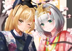 Rule 34 | 2girls, absurdres, alternate costume, blonde hair, cherry blossoms, closed mouth, commentary request, elf, green eyes, hat, headpiece, heian, highres, hololive, japanese clothes, kimono, layered clothes, layered kimono, long hair, looking at viewer, multiple girls, nyan (reinyan 007), one eye closed, pointy ears, ponytail, shiranui flare, shirogane noel, short hair, sidelocks, silver hair, smile, tate eboshi, tiara, upper body, virtual youtuber, yellow eyes