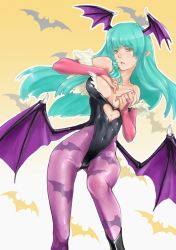 Rule 34 | 1girl, aqua hair, bare shoulders, bat wings, boots, breasts, bridal gauntlets, capcom, cleavage, covering privates, covering breasts, demon girl, elbow gloves, female focus, fingerless gloves, gloves, gradient background, head wings, highres, large breasts, leotard, long hair, morrigan aensland, pantyhose, pointy ears, purple pantyhose, solo, vampire (game), wings, yamaishi (mukoubuti), yellow eyes