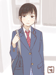 Rule 34 | 1girl, arm at side, artist name, bag, black eyes, black hair, blazer, blue jacket, blue skirt, buttons, commentary request, diagonal-striped clothes, diagonal-striped necktie, gochisousama (tanin050), half-closed eyes, hand up, highres, holding strap, indoors, ishitobi erika, jacket, jitome, light blush, long hair, looking at viewer, low ponytail, necktie, parted lips, photo-referenced, plaid, plaid skirt, pocket, ponytail, real life, red necktie, school bag, school uniform, shoulder bag, sidelocks, skirt, solo, standing, striped clothes, upper body, voice actor